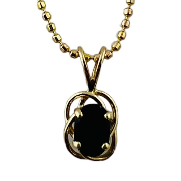 14K Yellow Gold Bead Chain Oval Natural Sapphire Pendant Necklace #15625 - Picture 7 of 9